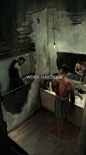 Motivational Gym Scene: Shirtless Man Standing Before Mirror in Dimly Lit Bathroom HD phone wallpaper