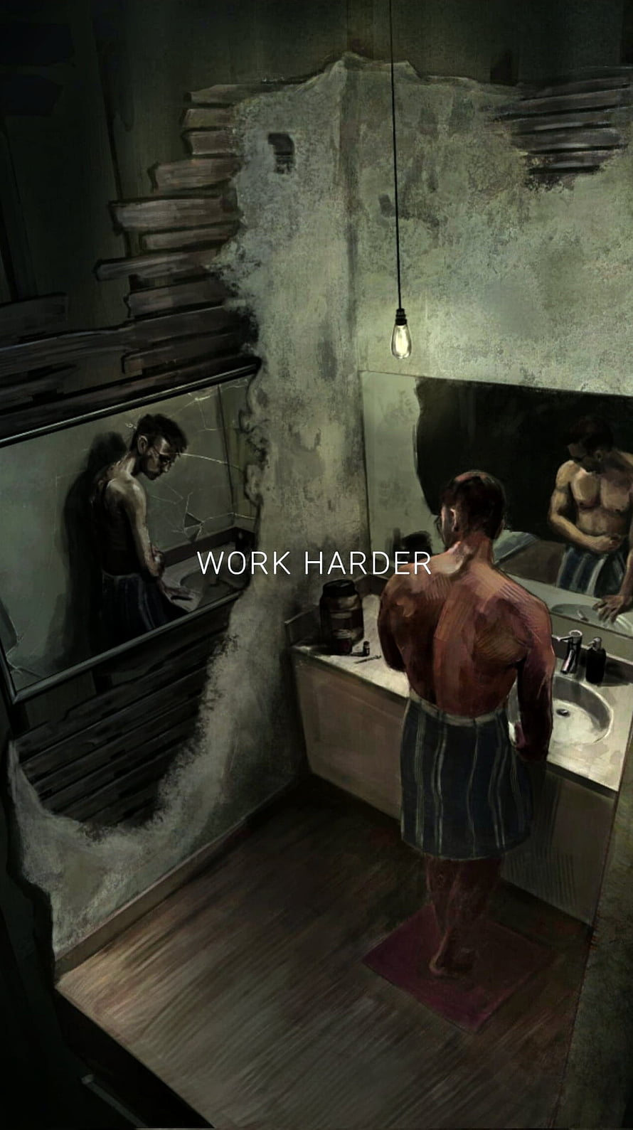 Motivational Gym Scene: Shirtless Man Standing Before Mirror in Dimly Lit Bathroom HD phone wallpaper