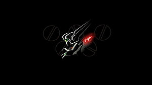 Minimalist Black Gundam Head with Red Eye Glow on Dark Background HD wallpaper