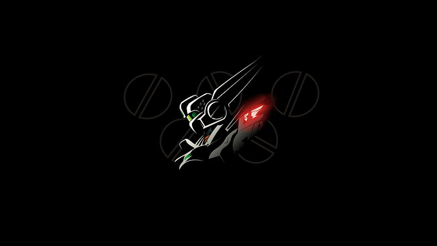 Minimalist Black Gundam Head with Red Eye Glow on Dark Background HD wallpaper
