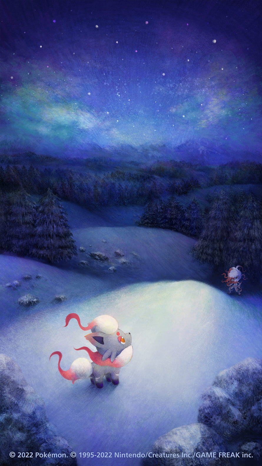 Hisuian Zorua and Zoroark in a Snowy Night Landscape Under the Aurora HD phone wallpaper