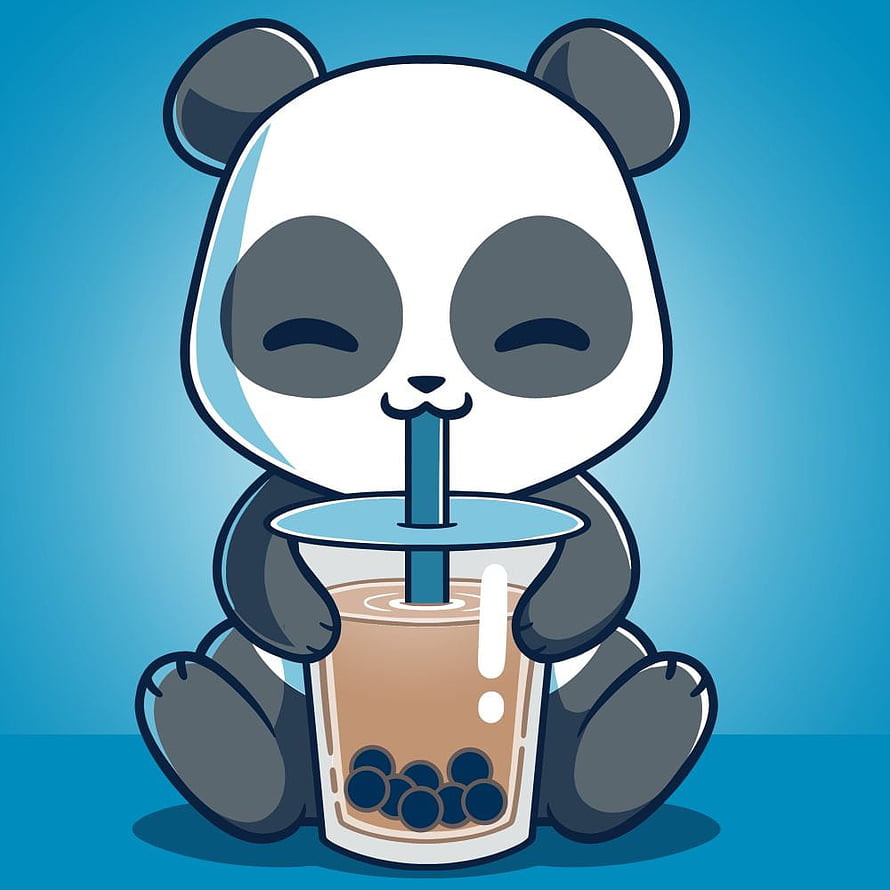 Cute cartoon panda sitting and sipping a boba milk tea drink with a straw on a blue background HD phone wallpaper