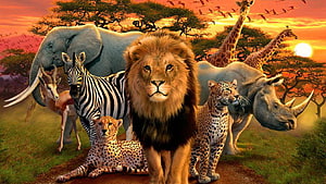 African Wildlife Safari: Lion, Elephant, Zebra, and Rhino at Sunset HD wallpaper