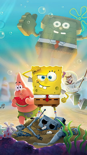 SpongeBob SquarePants and Friends in a 3D Animated Underwater Adventure Scene HD phone wallpaper