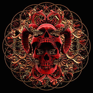 Ornate Red Demon Skull with Baroque Gold Filigree and Rose Mandala HD phone wallpaper