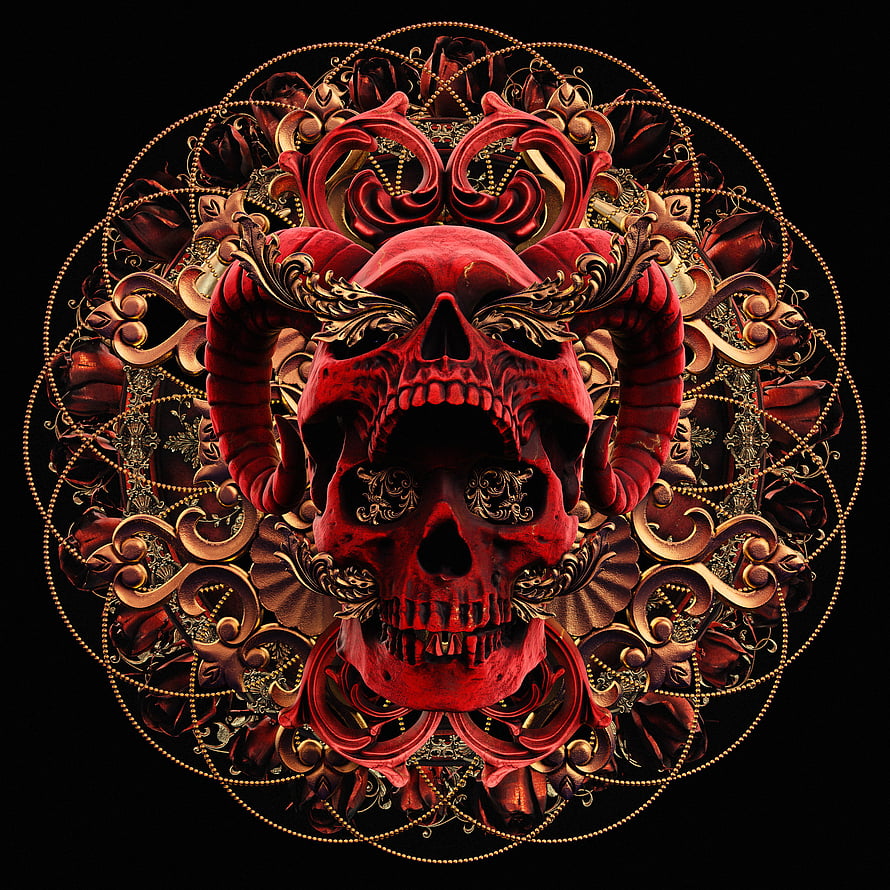 Ornate Red Demon Skull with Baroque Gold Filigree and Rose Mandala HD phone wallpaper