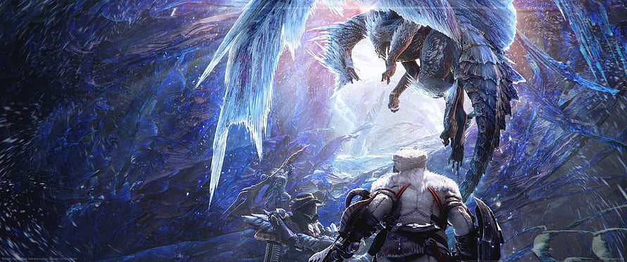 Monster Hunter: Hunter Confronting a Massive Winged Dragon in a Frozen Cavern HD wallpaper