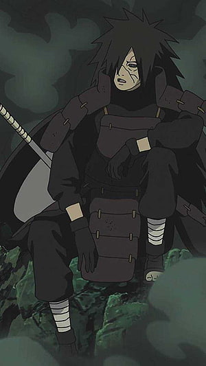 Madara Uchiha in Dark Armor Sitting on Rocks with Sword in Naruto Anime Style HD phone wallpaper