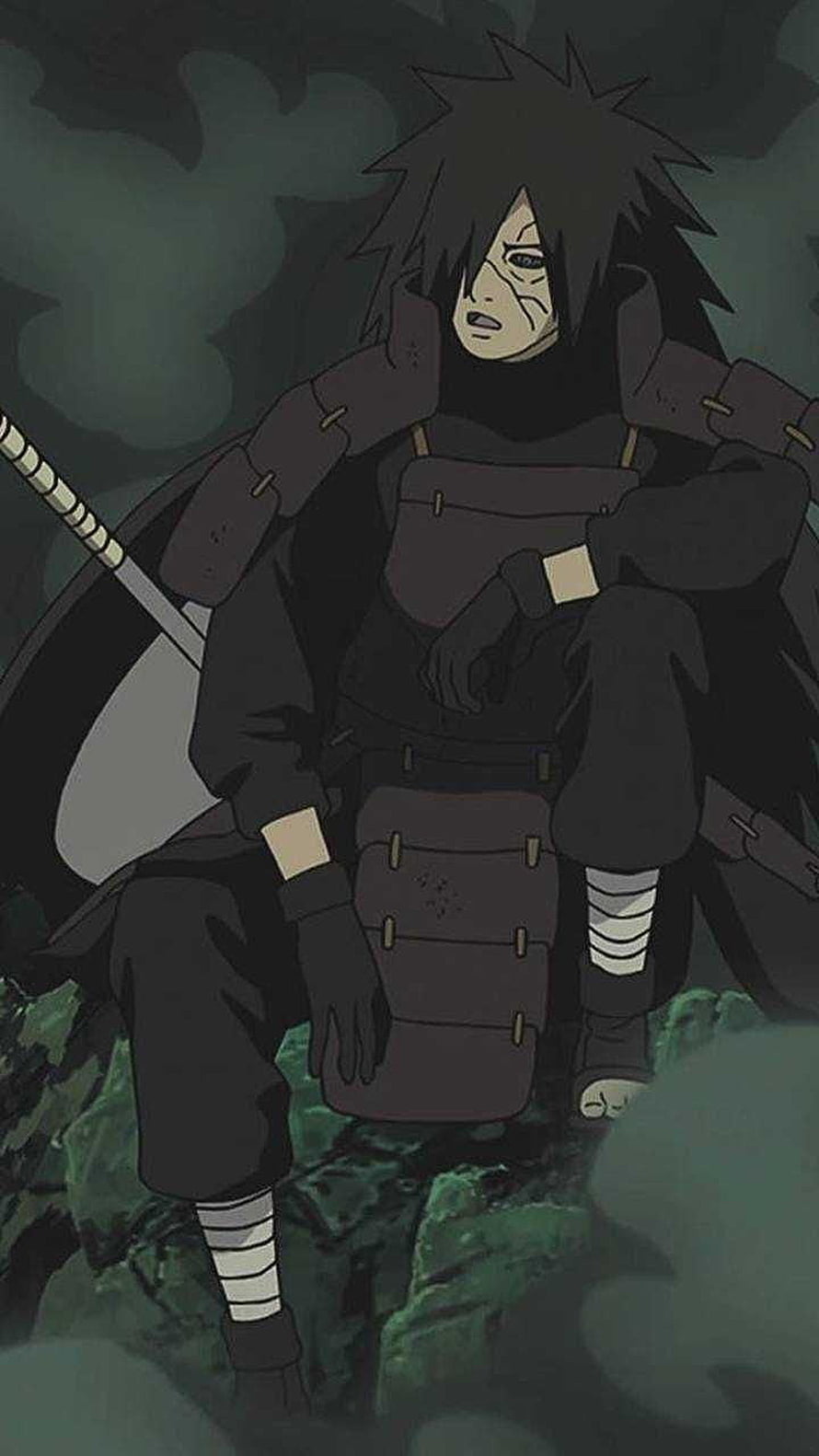 Madara Uchiha in Dark Armor Sitting on Rocks with Sword in Naruto Anime Style HD phone wallpaper