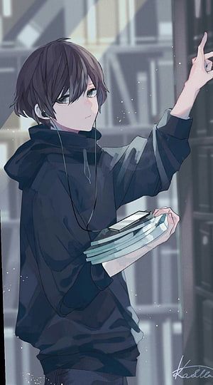 Anime Boy in Black Hoodie Holding Books and Phone in Library HD phone wallpaper