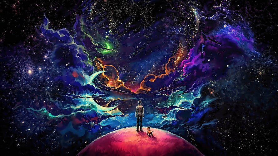 Man and Dog Standing on a Glowing Planet Under a Vibrant Cosmic Nebula HD wallpaper