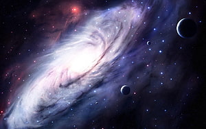 Spiral Galaxy and Distant Planets in Deep Space Nebula HD wallpaper