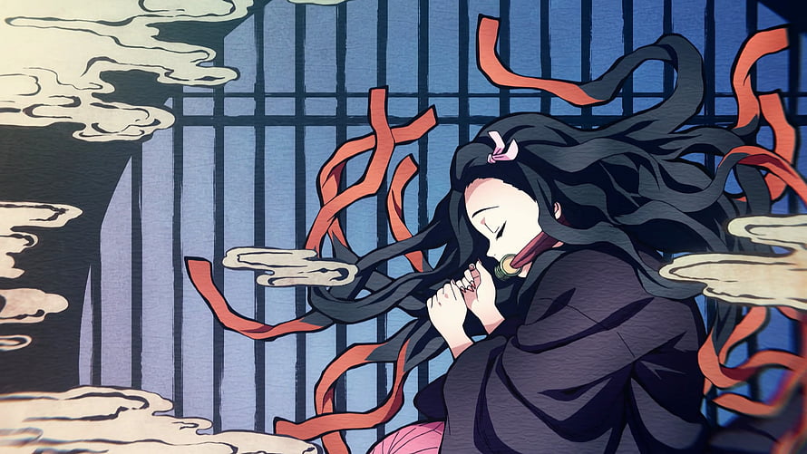 Kamado Nezuko from Demon Slayer in a serene anime illustration with flowing hair and red ribbons HD wallpaper