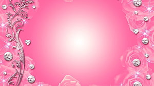 Pink Floral Diamond Frame with Sparkling Hearts and Rose Background HD wallpaper