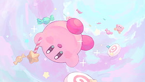 Cute Pink Kirby Floating in a Dreamy Candy Cloud Sky with Pastel Stars and Sweets HD wallpaper