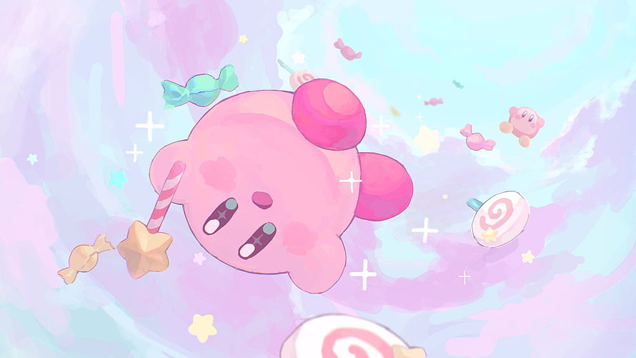 Cute Pink Kirby Floating in a Dreamy Candy Cloud Sky with Pastel Stars and Sweets HD wallpaper