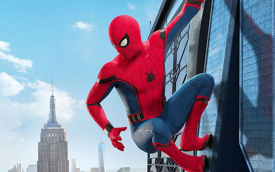 Spider-Man in Red and Blue Suit Climbing a Building with New York City Skyline HD wallpaper