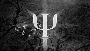 White Psi Symbol on Dark Textured Background with Bare Tree Branches and Flying Birds HD wallpaper