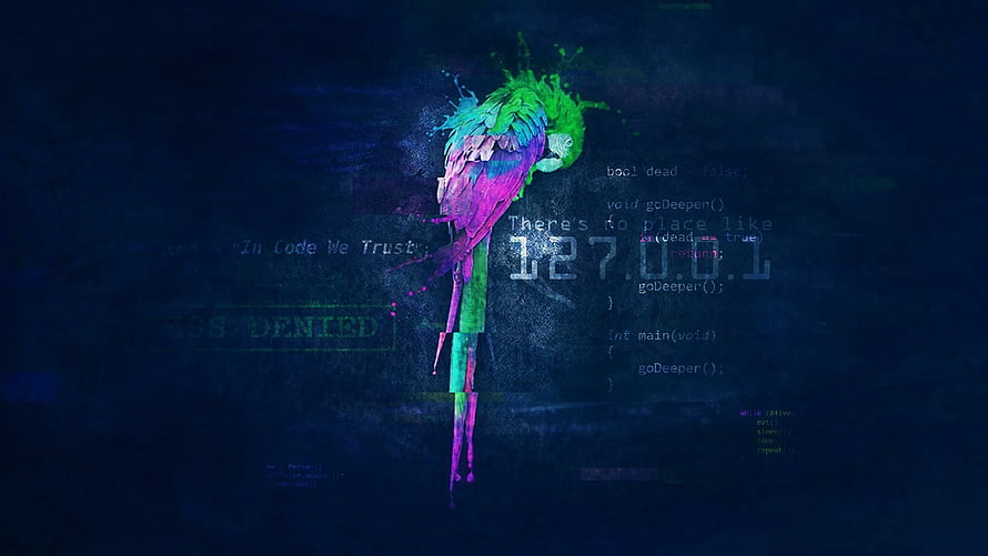 Vibrant Parrot Linux Digital Art with Neon Code and Glitch Effects HD wallpaper