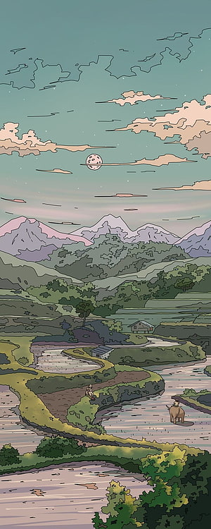 Serene Anime Countryside Landscape with Mountains, River, and Moonlit Sky HD phone wallpaper