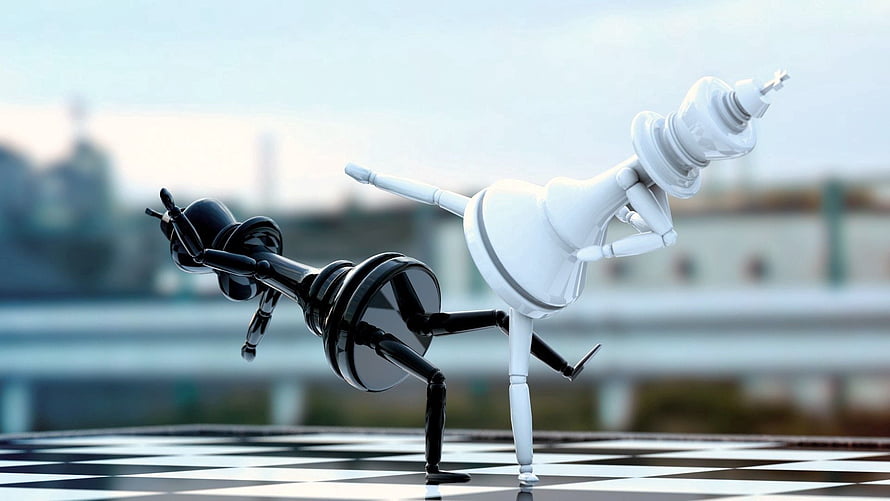 3D Render of Anthropomorphic Chess Pieces Engaged in a Dynamic Combat Pose on a Board HD wallpaper