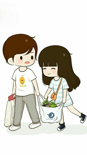 Cute cartoon couple carrying grocery bags together in a kawaii style illustration HD phone wallpaper