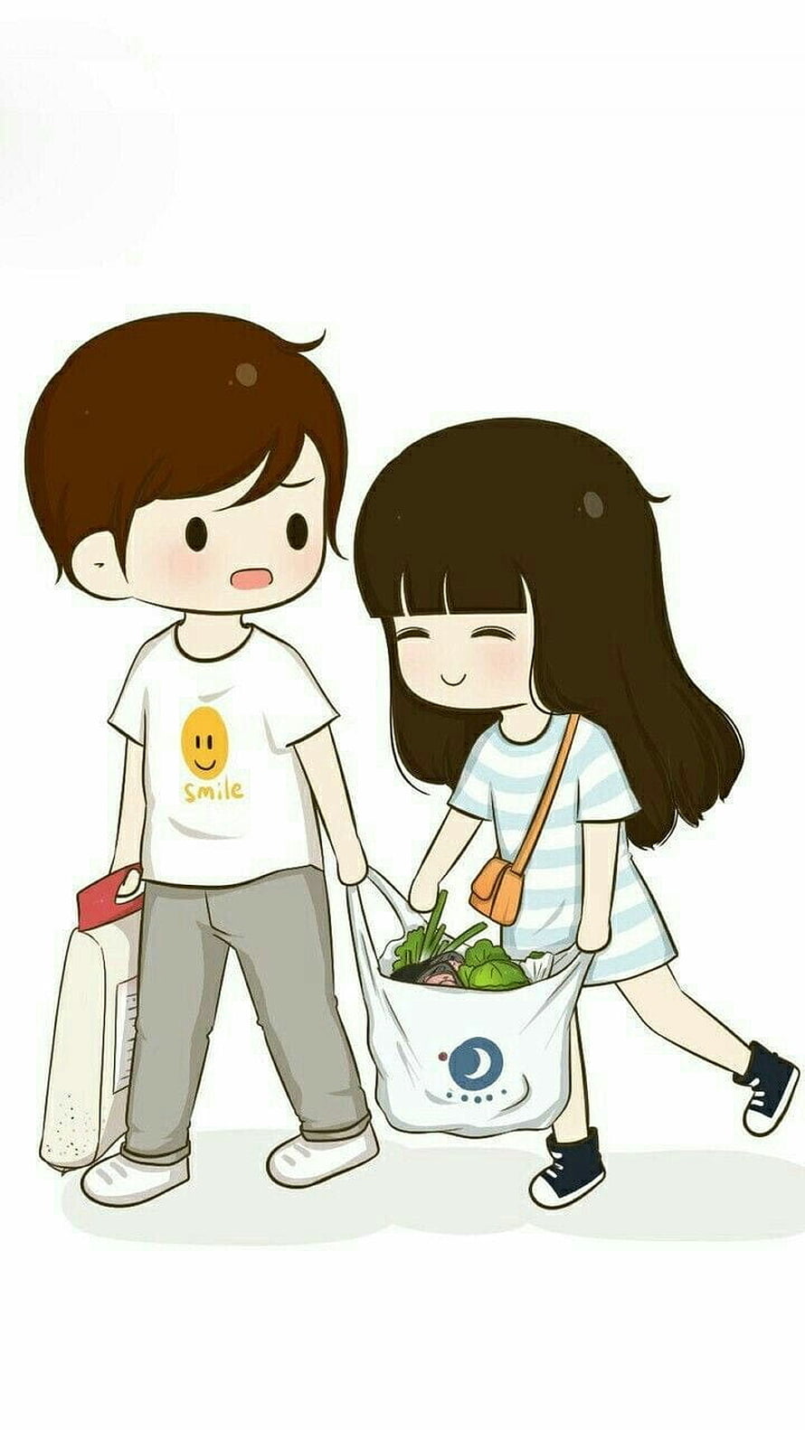 Cute cartoon couple carrying grocery bags together in a kawaii style illustration HD phone wallpaper