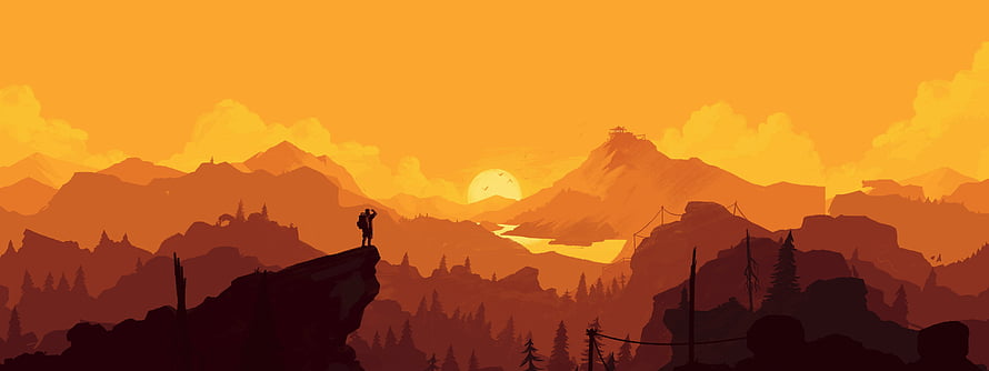 Firewatch Silhouette of Ranger on Cliff at Sunset with Mountain Range and River Valley HD wallpaper