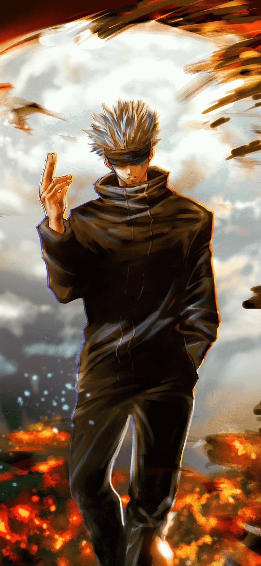 Satoru Gojo from Jujutsu Kaisen in a dramatic anime illustration with fiery background HD phone wallpaper