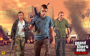 Grand Theft Auto Online Three Armed Protagonists Walking Through Burning Cityscape HD wallpaper
