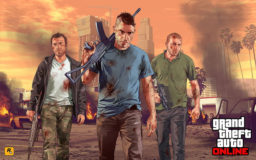Grand Theft Auto Online Three Armed Protagonists Walking Through Burning Cityscape HD wallpaper