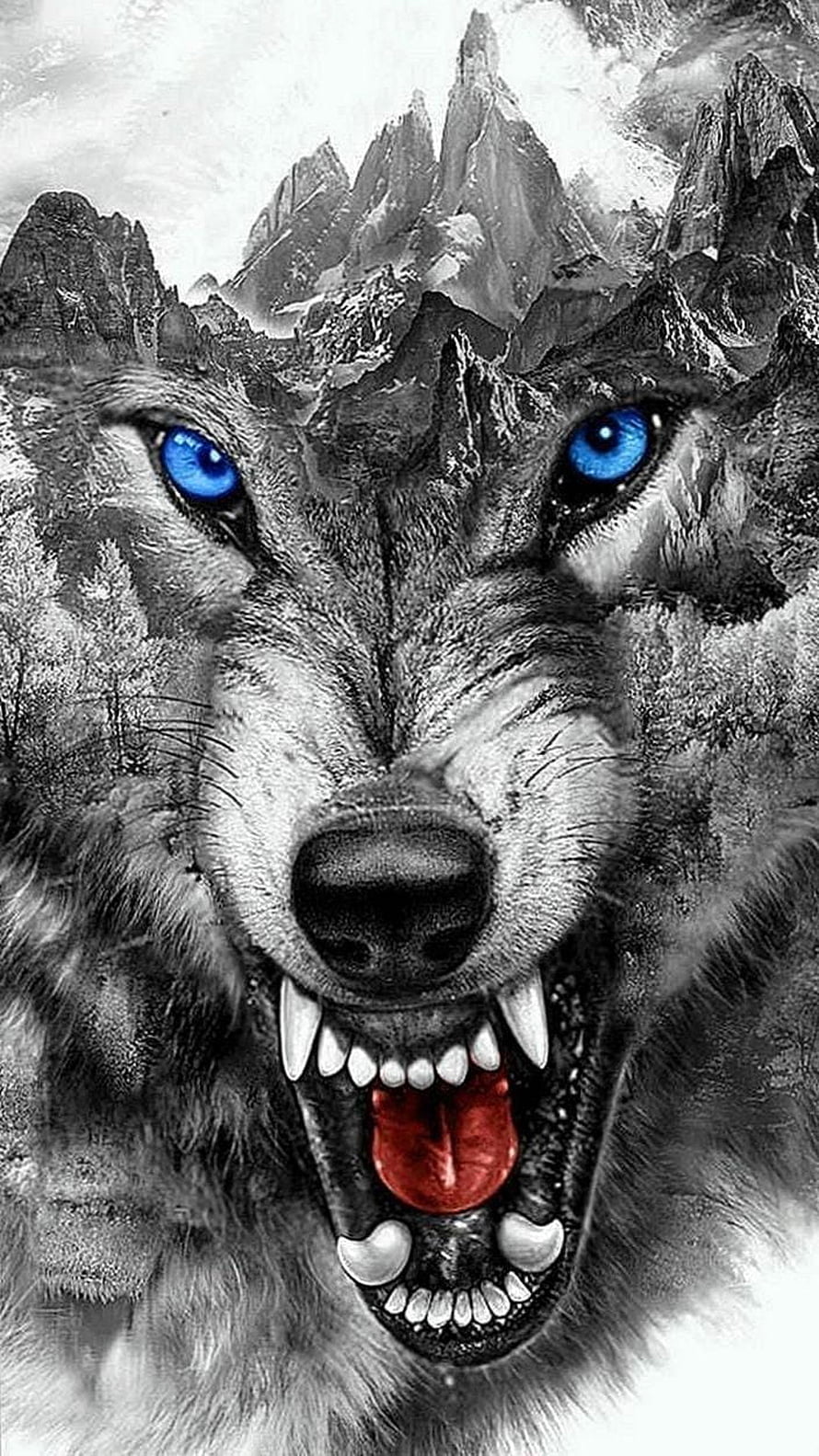 Fierce Wolf Portrait with Glowing Blue Eyes and Mountainous Fur Texture HD phone wallpaper