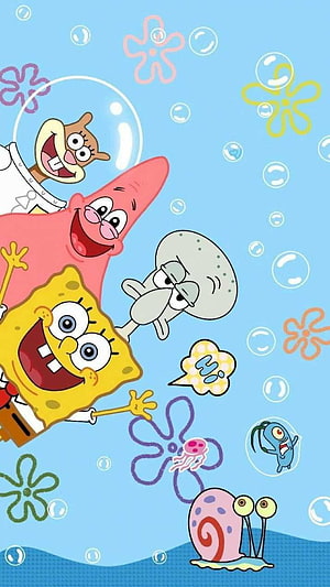SpongeBob SquarePants, Patrick, Squidward, Sandy, and Gary in a Cheerful Underwater Scene HD phone wallpaper