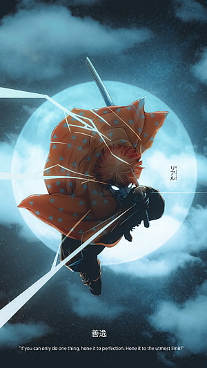 Zenitsu Agatsuma Demon Slayer Anime Artwork with Glowing Eyes and Katana Under a Full Moon HD phone wallpaper