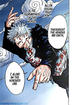Gojo Satoru from Jujutsu Kaisen in a dramatic manga panel with speech bubbles HD phone wallpaper