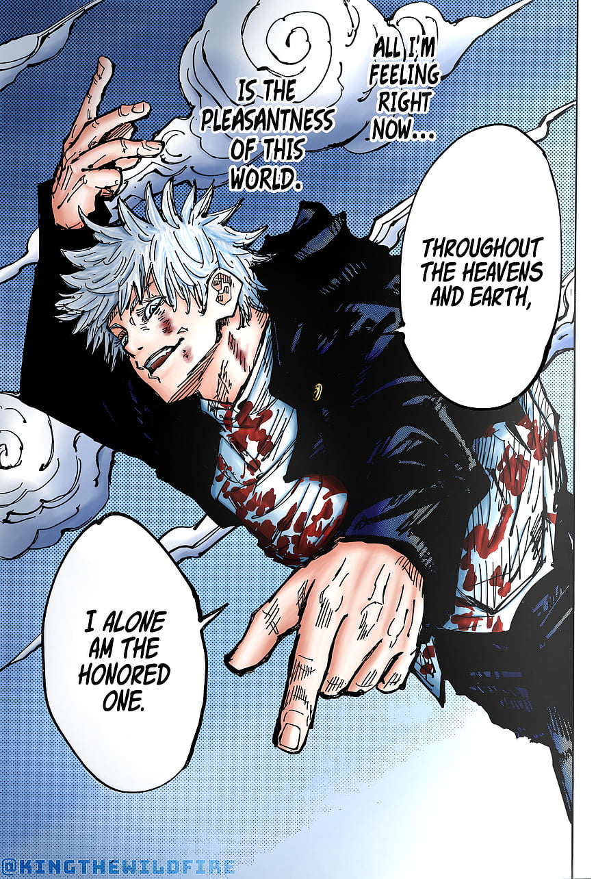 Gojo Satoru from Jujutsu Kaisen in a dramatic manga panel with speech bubbles HD phone wallpaper