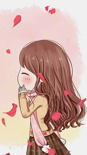 Cute Anime Girl With Long Brown Hair And Pink Scarf Amidst Falling Petals HD phone wallpaper