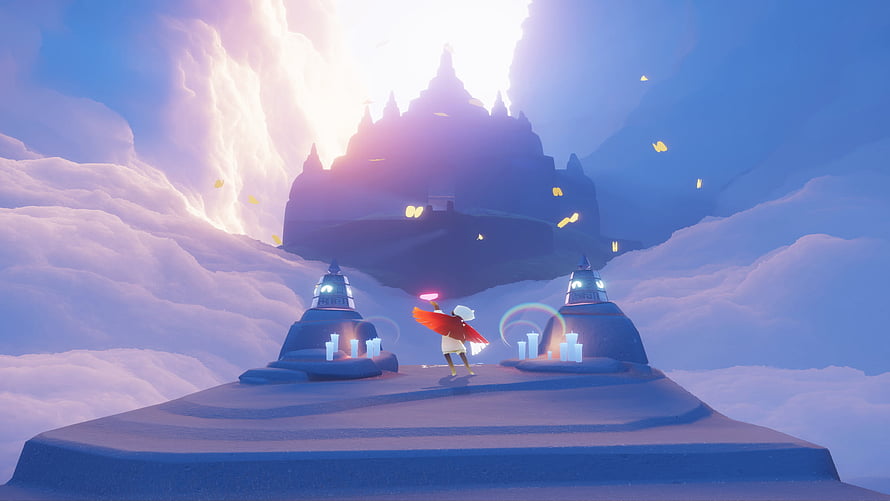 Sky Children of the Light Character Standing on Cloud Platform Facing Distant Castle HD wallpaper
