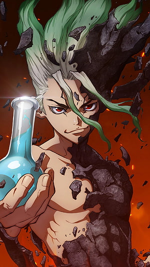Senku Ishigami from Dr. Stone holding a glowing blue potion with dark rock armor and fiery background HD phone wallpaper