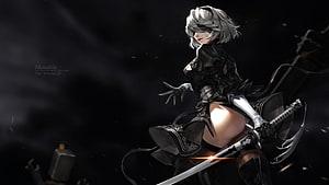 2B from Nier Automata wielding a katana in a dark atmospheric digital illustration HD wallpaper