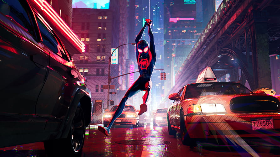 Miles Morales swinging through a neon-lit rainy city street in Spider-Man: Into the Spider-Verse HD wallpaper