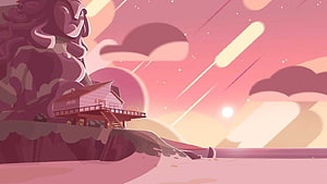 Steven Universe Beach House at Sunset with Meteor Shower and Giant Statue Silhouette HD wallpaper