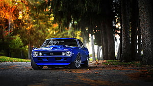 Blue Chevrolet Camaro SS Muscle Car Parked on a Forest Road in Autumn HD wallpaper