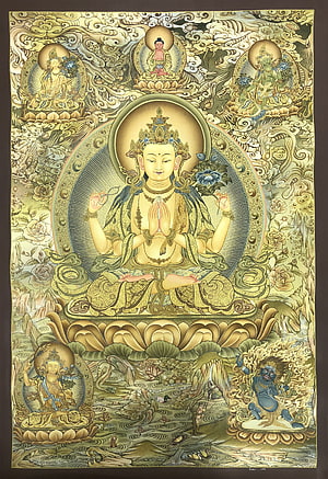 Four-Armed Avalokitesvara Bodhisattva Thangka with Surrounding Deities and Lotus Throne HD phone wallpaper