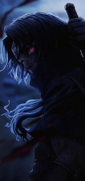 Itachi Uchiha from Naruto in a dark hooded cloak with glowing red eyes and a katana HD phone wallpaper