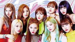 Twice K-Pop Group Portrait With Vibrant Hair Colors And Abstract Background HD wallpaper