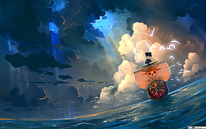 One Piece Thousand Sunny sailing through dramatic storm clouds and ocean waves HD wallpaper