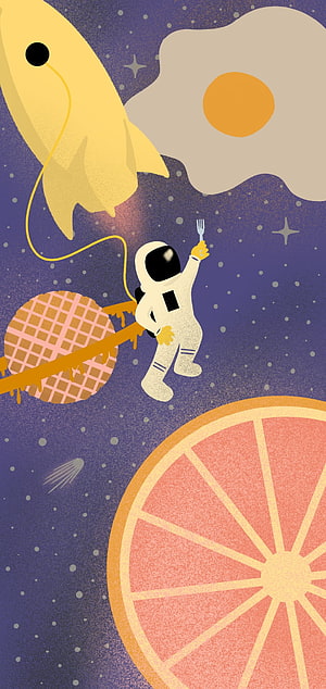 Surreal Space Food Illustration with Astronaut, Waffle, and Citrus Slice HD phone wallpaper