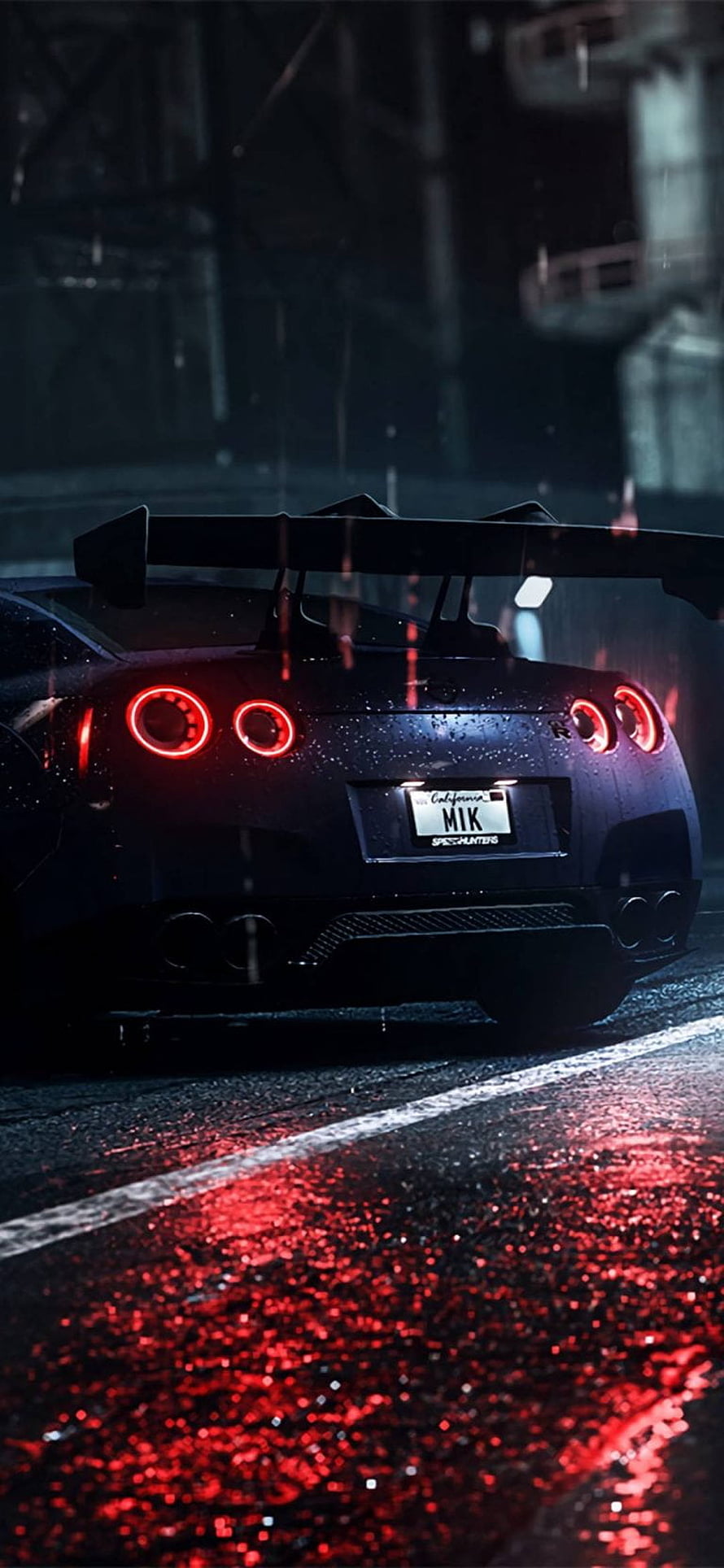 Nissan GT-R R35 Rear View in Rain with Red Taillights and Wet Asphalt Reflections HD phone wallpaper