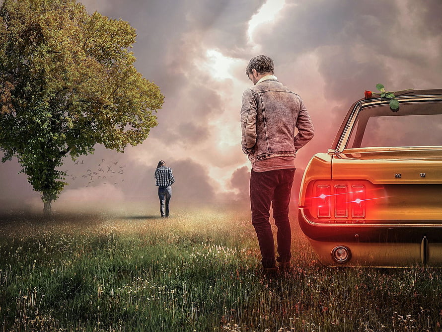 Lonely Man Watching Woman Walk Away in Misty Field Beside Vintage Car HD wallpaper